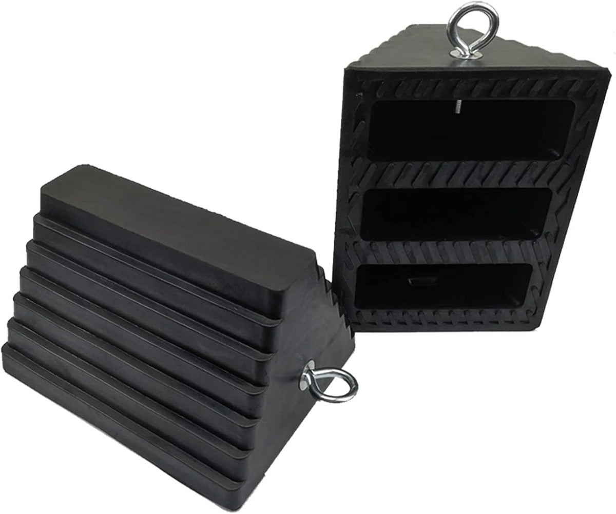 ROBLOCK 2 Pack Wheel Chocks Rubber Heavy Duty Black with Eyebolt, 9" Length x 7.1" Width x 5.5" Height, for Cars, RVs, Trucks, Trailers, and Vehicles, Anti-Slip Design Tire Chock for All Weather Use