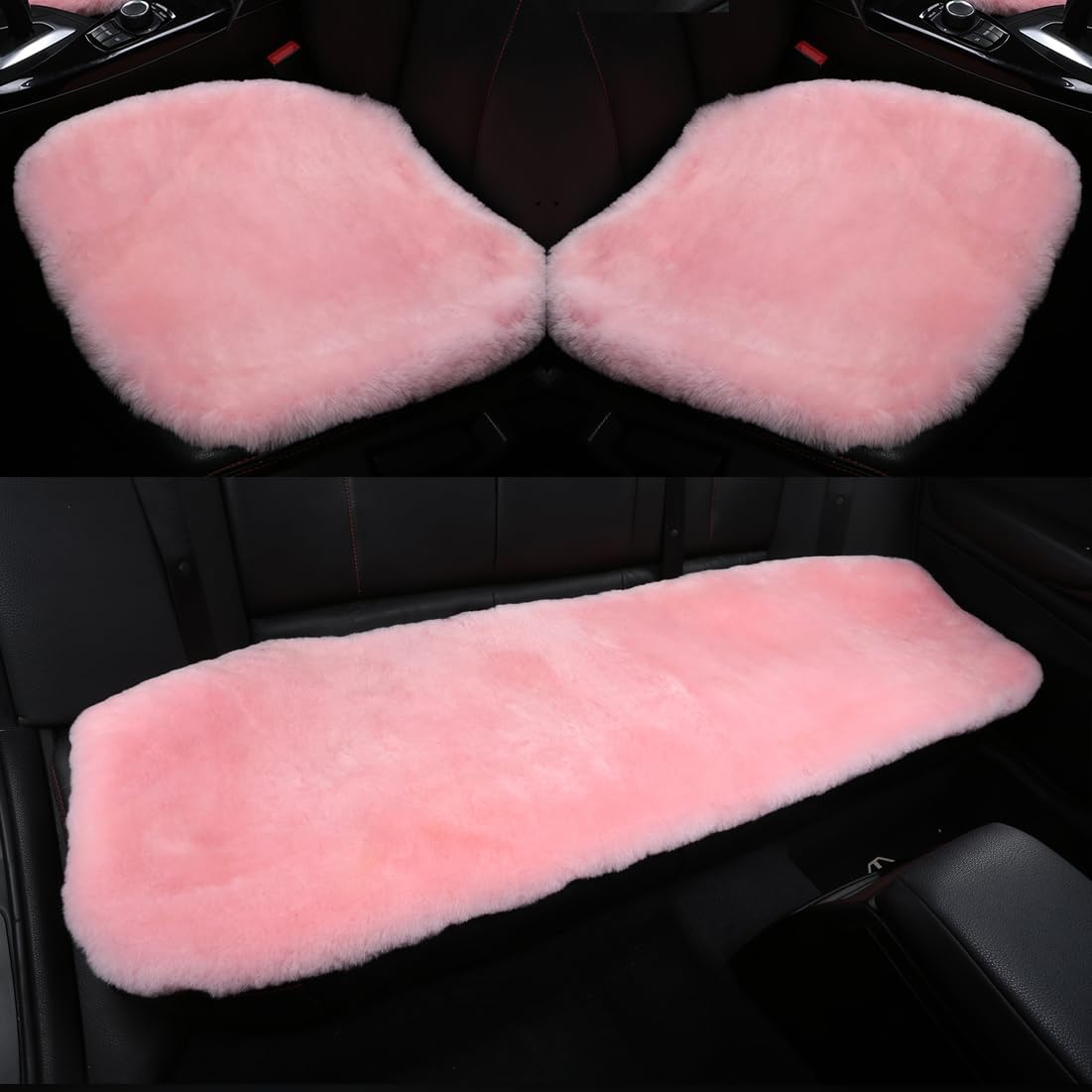 Fluffy Genuine Australia Sheepskin Car Seat Cover for Auto Interior Accessories with Soft Fuzzy Wool Eco-Friendly Natural Fur Non-Slip (Pink, Back)