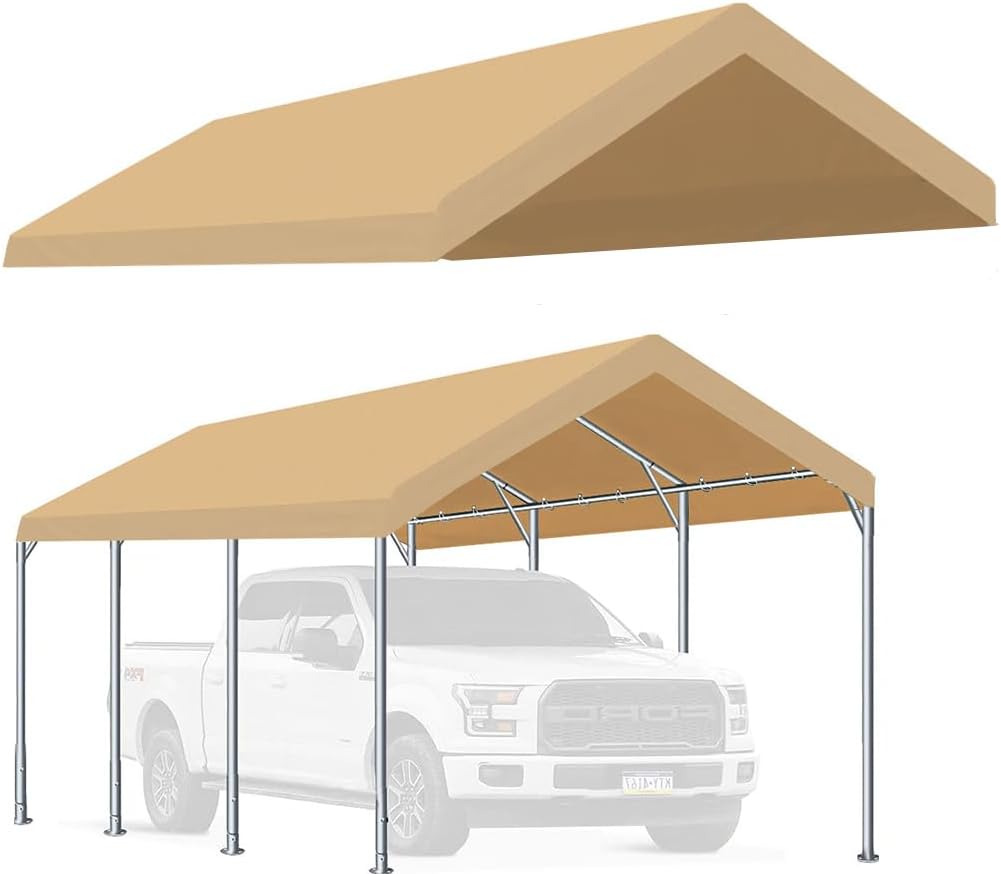 Rutile 12'x20' Carport Canopy ONLY Tent Garage Replacement Top Tarp Car Shelter Cover w/Ball Bungees Beige (Only Top Cover, Frame is not Included)