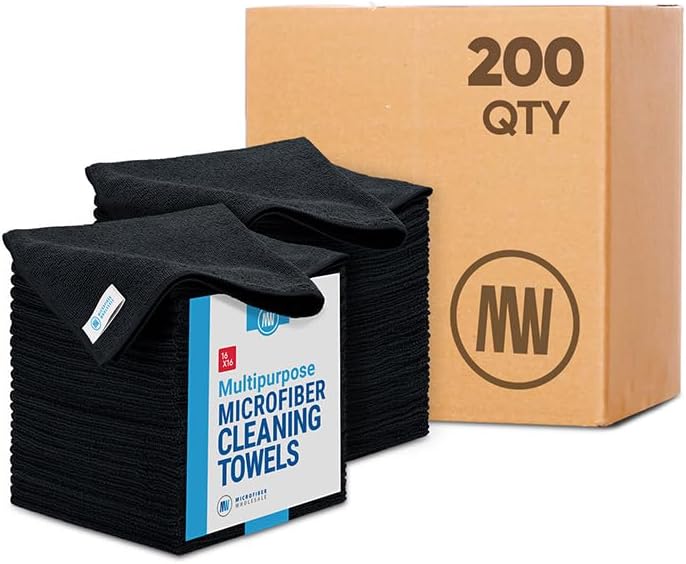 Bulk 16" x 16" All Purpose Microfiber Towels Wholesale - Case Quantity (200 Count) | Large | No Fraying | High Density Microfiber | Zero Chemical Cleaner | Long-Lasting (Black)