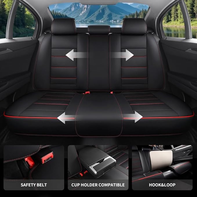 Car Seat Covers Full Set Custom Fit for Ford Ranger 1999-2025 2026-Luxury Leather with Lumbar Support, Breathable, Waterproof, Anti-Slip, Durable, Easy to Install (Black&Red,Full Set)