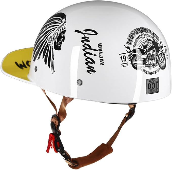 Vintage Retro Open Face Motorcycle Helmet Baseball Cap Half Helmets with pull-down Lens for Men Women Moped Cap Jet Scooter Street Cruiser - DOT Certified (Indian-White,Medium)