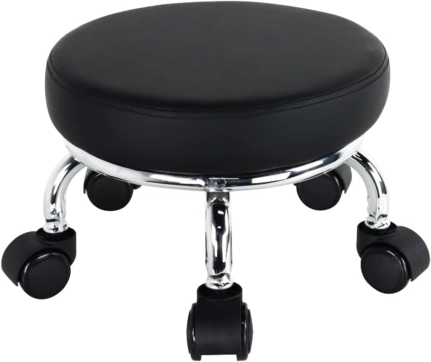 Modern Roller Seat PU Leather Low Round Rolling Stool 360 Swivel Small Stool with Universal Caster Wheels for Home Office, Garage, Shop, Fitness, Sport (H: 8.6", Black)