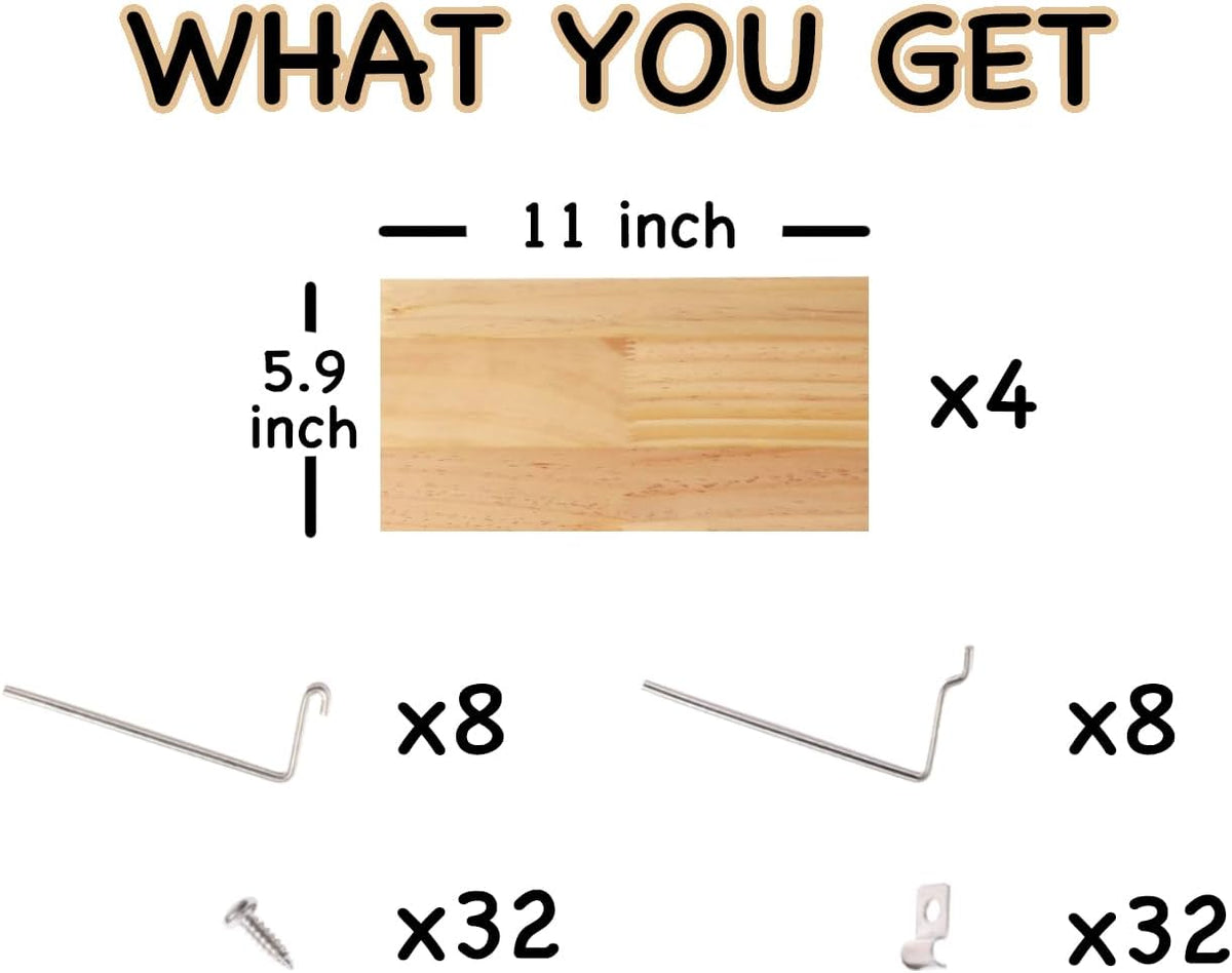 Shelves for PegBoard, Pine Wooden Pegboard Shelf Wall Organizer, Wooden Board for Walls Home, Garage Tool Storage, Office Organization, Kitchen, Craft Room,4 Pack