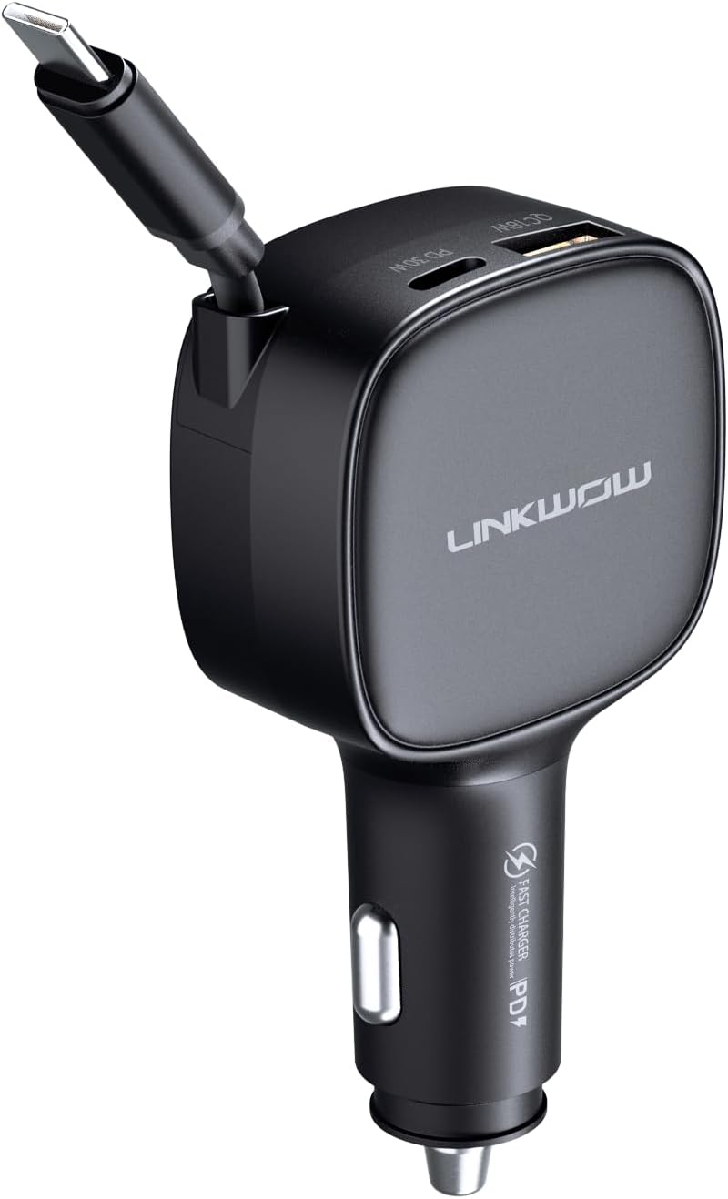 84W Max Retractable Fast Car Charger - USB C Cigarette Lighter Adapter Ultra-Compact Type-C Fast Car Charger with Built-in Retractable Cable