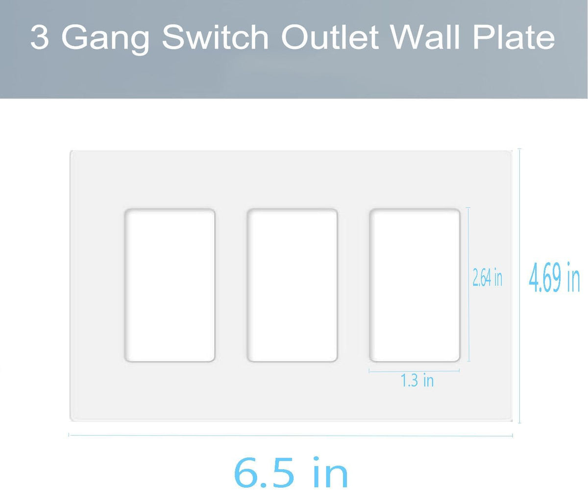 3-Gang Screwless Decorator Wall Plate Cover Switch Outlet Electrical Faceplate for Light Switche, Smart Switch, Receptacle, Dimmers, USB Outlet, GFCI, Child Safe Cover Plate, White (2-Pack)