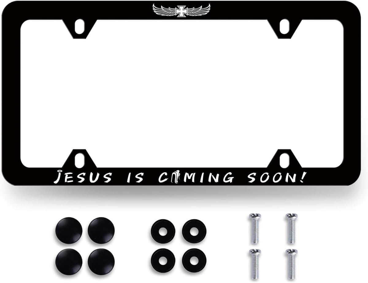 Jesus is Coming Soon License Plate Frame Christian Cross License Plate Holder Funny License Plate for Car Decoration Stainless Steel Religion Car Accessory with Screws Men Women 12.3" x 6.3"