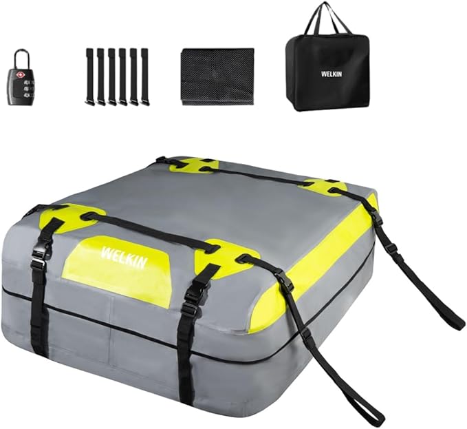 WELKIN Heavy Duty Rooftop Cargo Carrier Bag - 15 Cubic Waterproof Car Roof Bag for All Vehicles with/Without Rack - Includes Anti-Slip Mat, 6 Door Hooks, TSA Lock & Storage Bag - Reinforced Straps