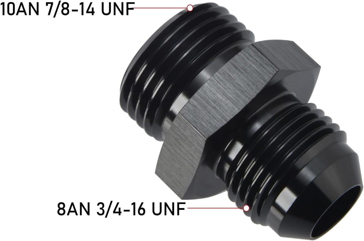 8AN Male Flare to 10AN ORB O-ring Boss Fuel Pump Rail Adapter Fitting Aluminum Black, Pack of 2