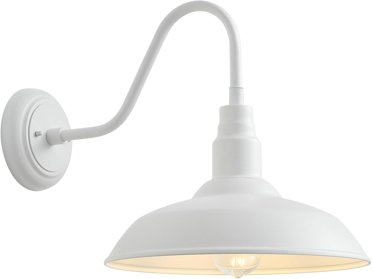 14 Inch Dome Outdoor Gooseneck Barn Light Fixture for Farmhouse, White Exterior Goose Neck Wall Mount Lights for Porch, Barn Style Wall Sconce Lighting for Patio, Garage