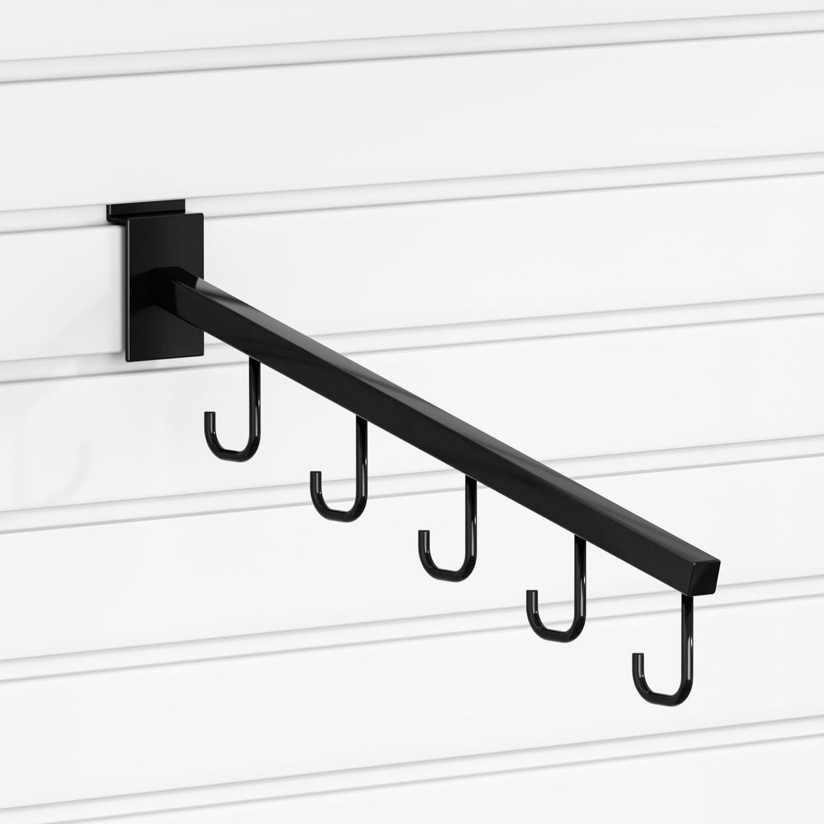 10-Pack 17-Inch Slatwall Waterfall Display Hooks with 5 J-Hooks – Black Slanted Arm Rack for Hanging Apparel, Bags & Accessories