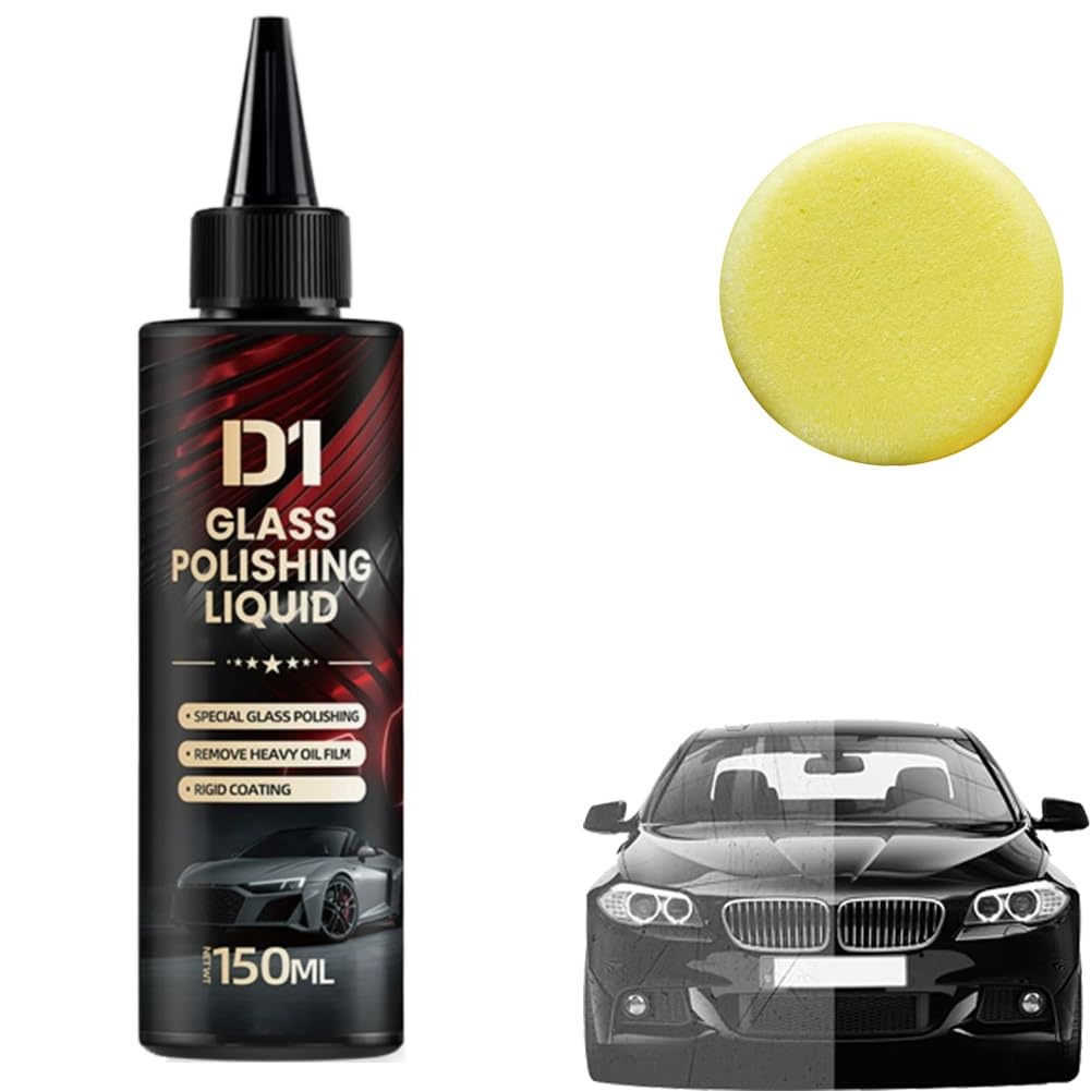Bianca Glass Polishing Liquid D1, Bomini Car Glass Polishing Compound Windshield Cleaner Glass Oil Film Remover, Anti-Fog Hydrophobic Coating Spray, Scratches, Wiper Marks & Oil Film with Sponge