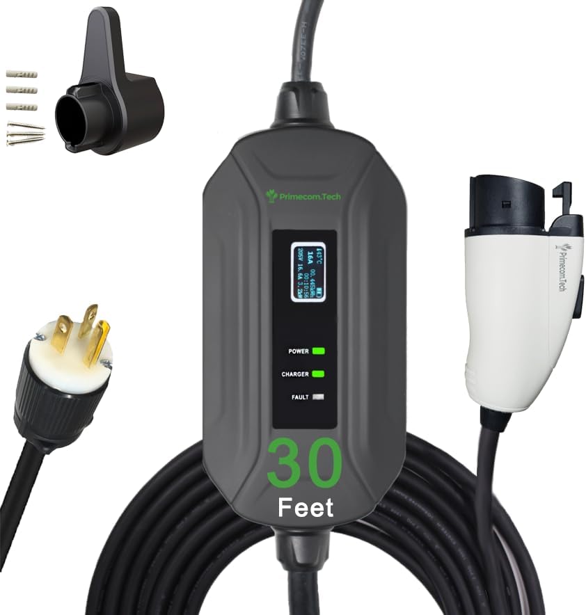 PRIMECOM Level 2 EV Charger 220/240V, 16A, 30ft & 50ft, Portable EVSE Electric Vehicle Charging Cable Compatible with Bolt Volt Leaf BMW i3 Fiat 500e Clarity NIRO Prius (30 Feet, 6-20P)