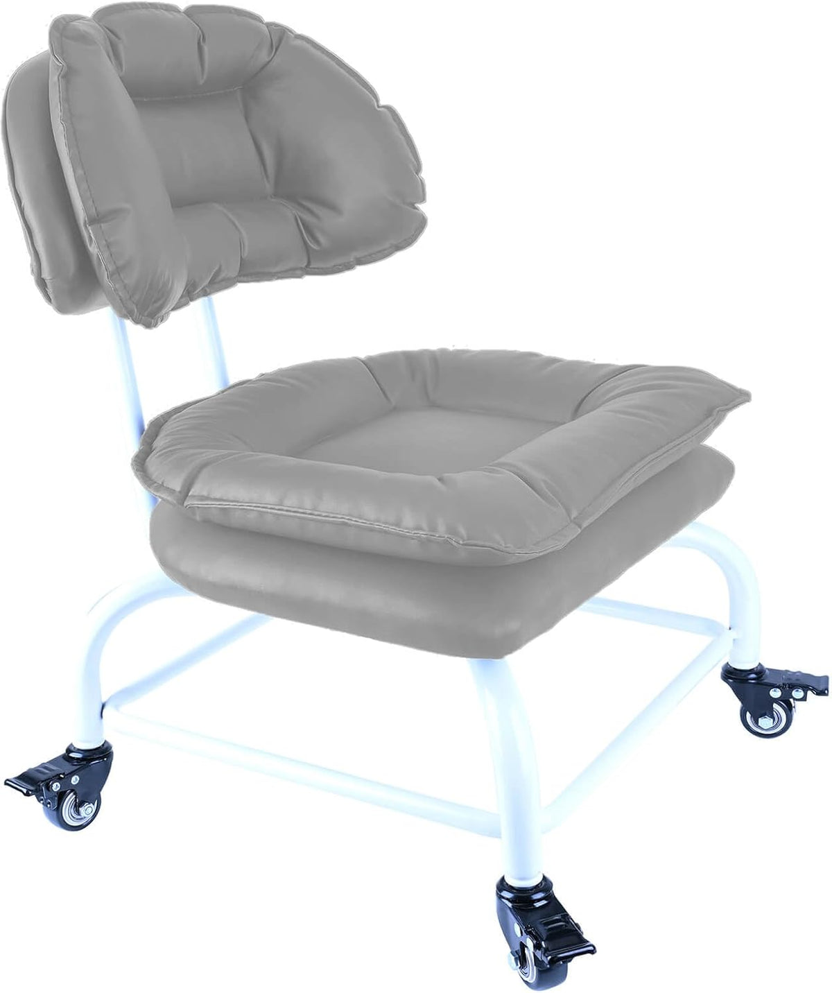Rolling Stool Wide Seat with Back Rolling Chair 4 Wheels with Brakes for Home Office Garage Shop Waterproof Roller Seat Durable Steel Stand Light Gray