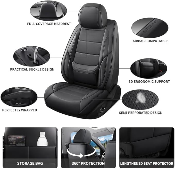 Car Seat Covers Full Set Custom Fit for Ford Fiesta 2011-2019 - Premium Leather with Lumbar Support, Breathable, Anti-Slip & Excellent Seating Experience (Black, Full Set)