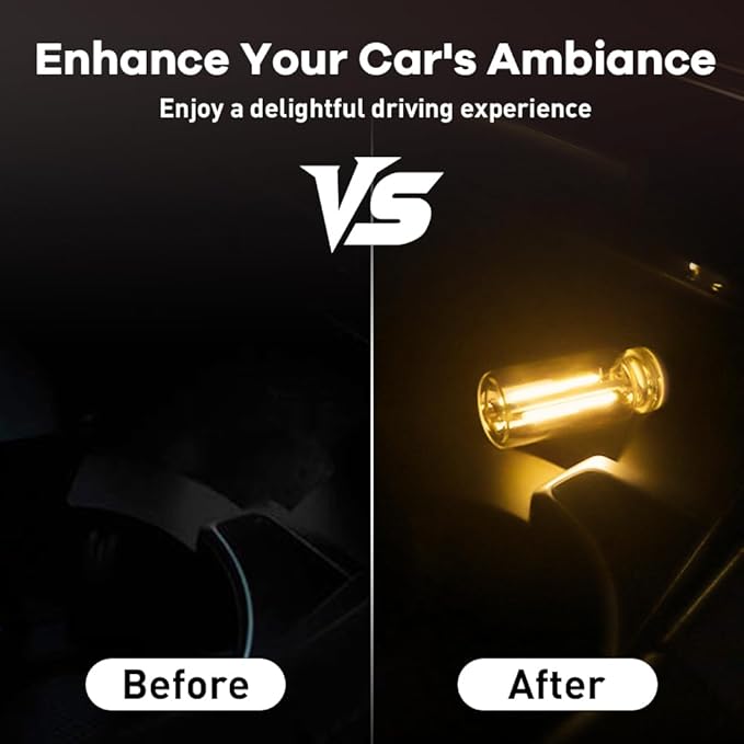 4Pcs Car USB Night Light, Touch Adjustment LED Ambient Lighting Plug in USB Automotive Night Lamps, Mini LED Bulb for Car, Camping, Holiday, Decoration, Bedroom, Party(Yellow)
