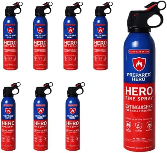 Prepared Hero Fire Spray - Mini Fire Extinguishers for House, Car, Garage - Kitchen Small Fire Extinguisher for Home, Made in USA, 100% Organic - Compact, Portable & Easy to Use, Non-Toxic - 8 Pack