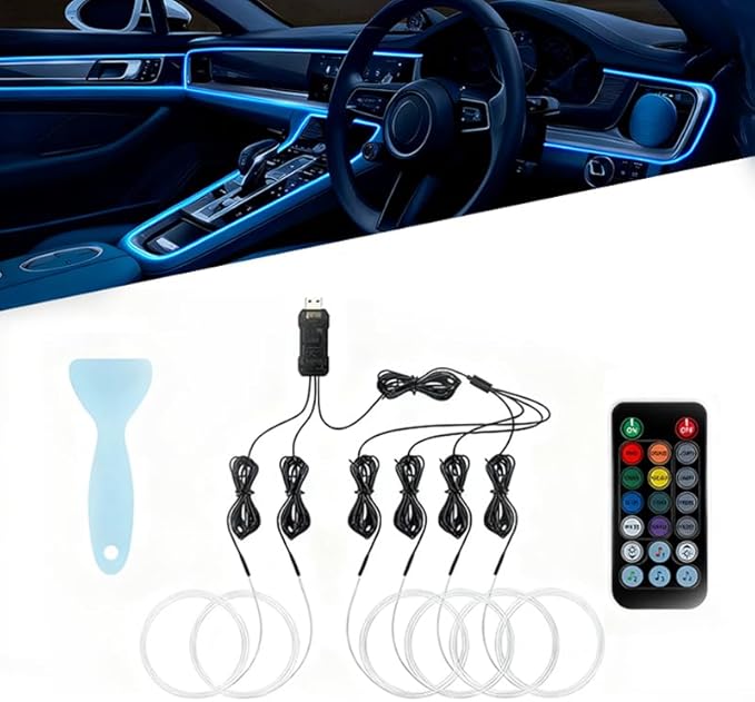Car LED Lights Interior for Jeep Wrangler Rubicon/Sahara/Sport 2010–2025, 6 in 1 Ambient Lighting Kit with Remote Control, Car USB LED Strip Lights with Sync to Music, for Cars Trucks SUVs, 8m