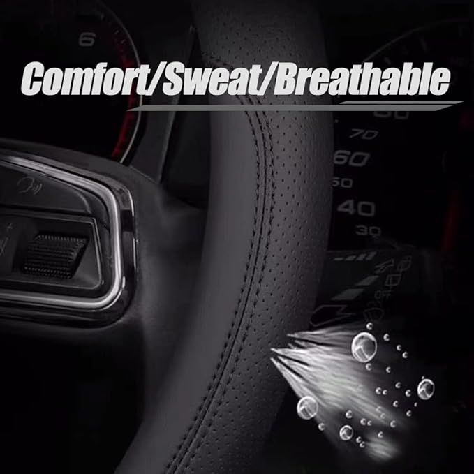 Carodi Latest Nappa Leather car Steering Wheel Cover, Stylish Non-Slip Leather car Interior 15 inches Universal（Black）