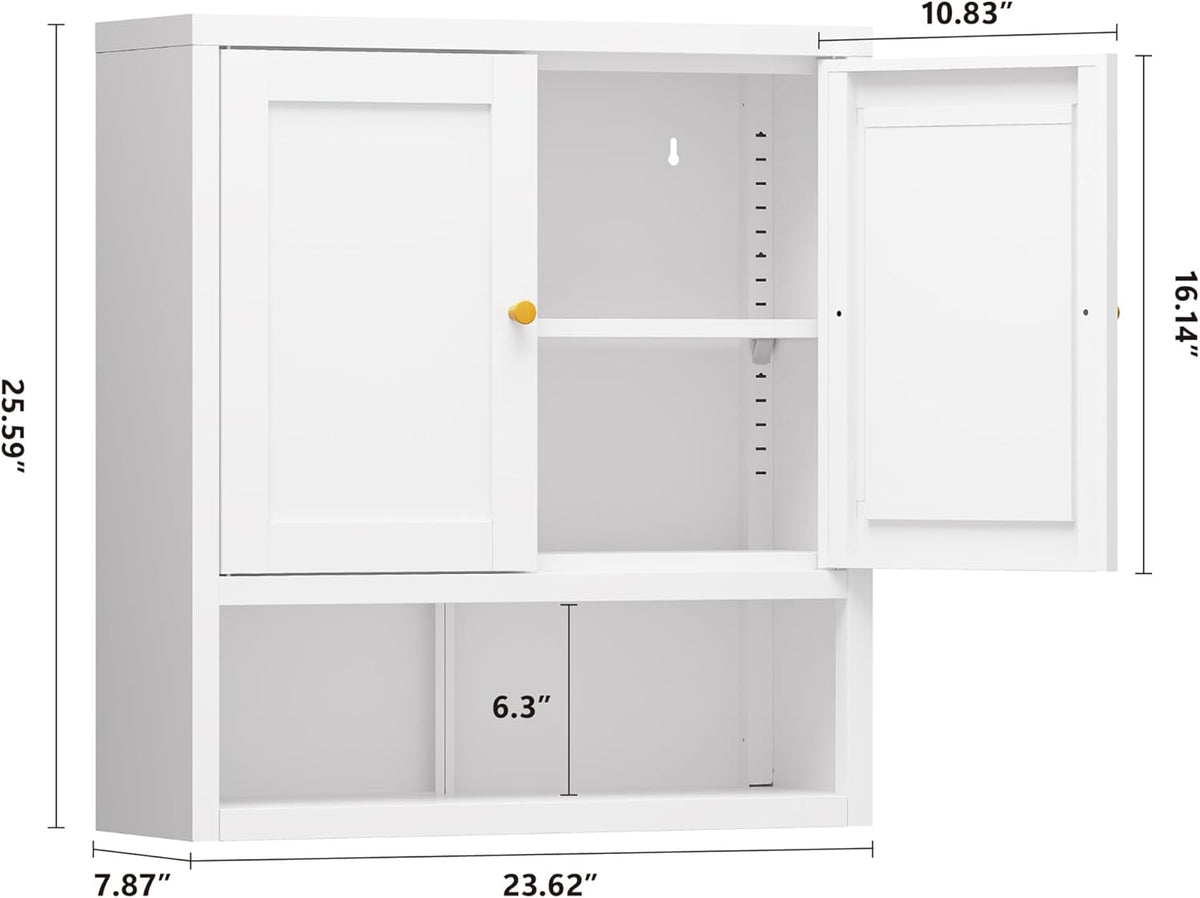 Metal Bathroom Storage Cabinet, Metal Storage Cabinet with 2 Adjustable Shelves & 2 Doors,Freestanding Sideboard for Small Spaces (White, Wall Cabinet-22.59" H)
