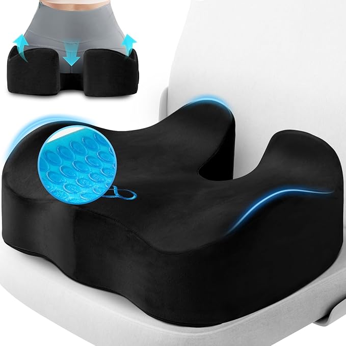 Seat Cushion, Gel Chair Cushions, Office Chair Cushions, Anti-Slip Bottom & Removable Cover Tailbone Pain Relief Cushion, Memory Foam Seat Cushion, 5.28 in Thick (Black)