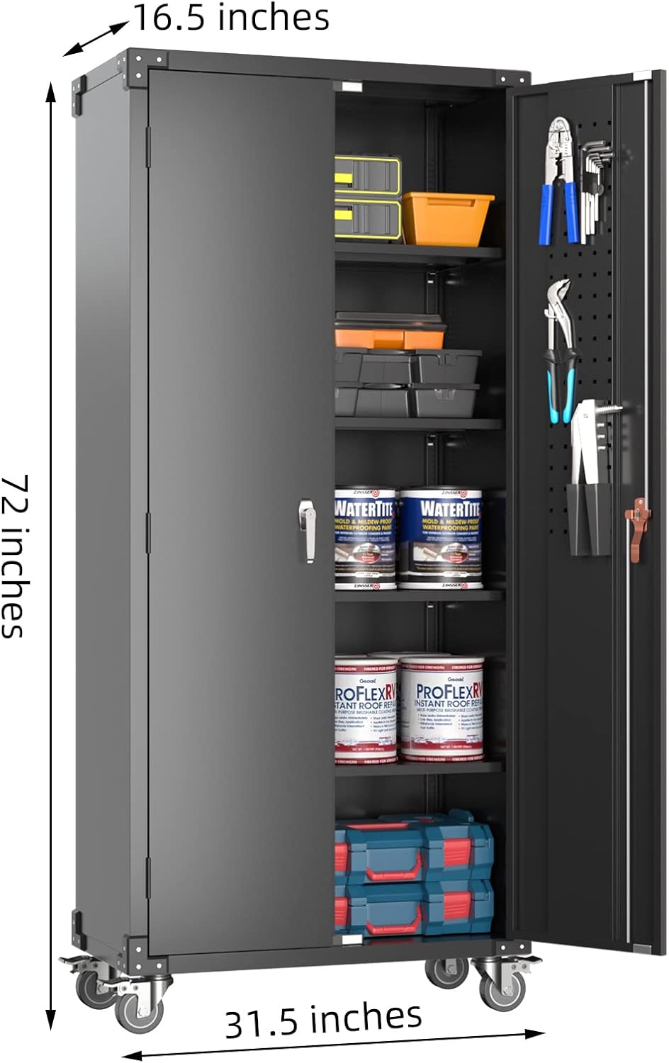 72" Metal Storage Cabinet with Wheels and Pegboard, Lockable Rolling Steel Storage Cabinet with 4 Adjustable Shelves and Door for Garage, Office, Kitchen, Assembly Required