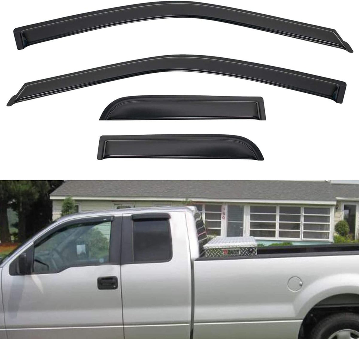 4pcs Window Visors Compatible with 2015-2024 F150/ F250/F350/F450/F550 Super Duty Extended (Super) Cab with Half Size Rear Doors Front+Rear Smoke Tint Sun/Rain Guard Outside Mount Tape-On Vent