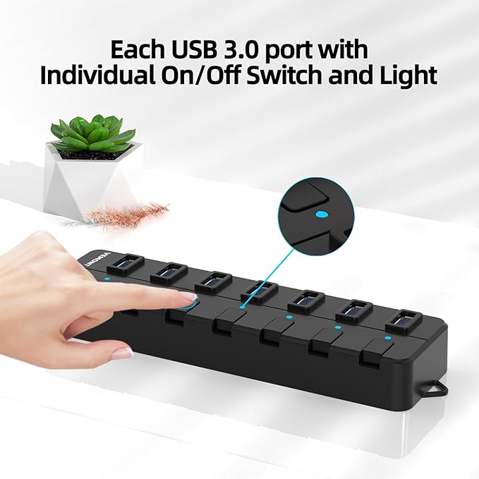 USB hub,7 Port USB 3.0 Hub,VEMONT USB Splitter with Individual On/Off Switches and Lights, 4ft/1.2m USB HUB Long Cable, USB Extension for Laptop and PC Computer