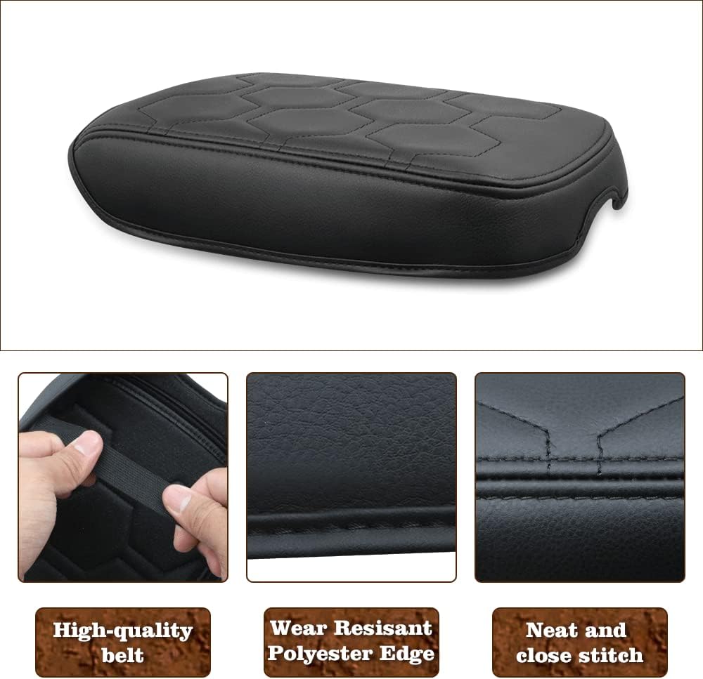 Muslogy for Frontier Center Console Pad Armrest Box Cover Vegan Leather Soft Accessories Armrest Lid Protector Compatible with Nissan Frontier 2022-2024 2025 (Regular Thick, V1 Black Stitching)