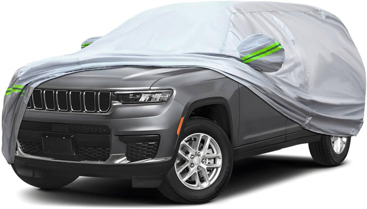 KEYOOG 6-Layer Full Car Cover is All-Weather Waterproof, Universal in All Seasons, Snow Prevention, Rainproof, Acid Rainproof, Sunscreen, Ultraviolet-Proof, Fit SUV 214"-236" Green Reflective Strip
