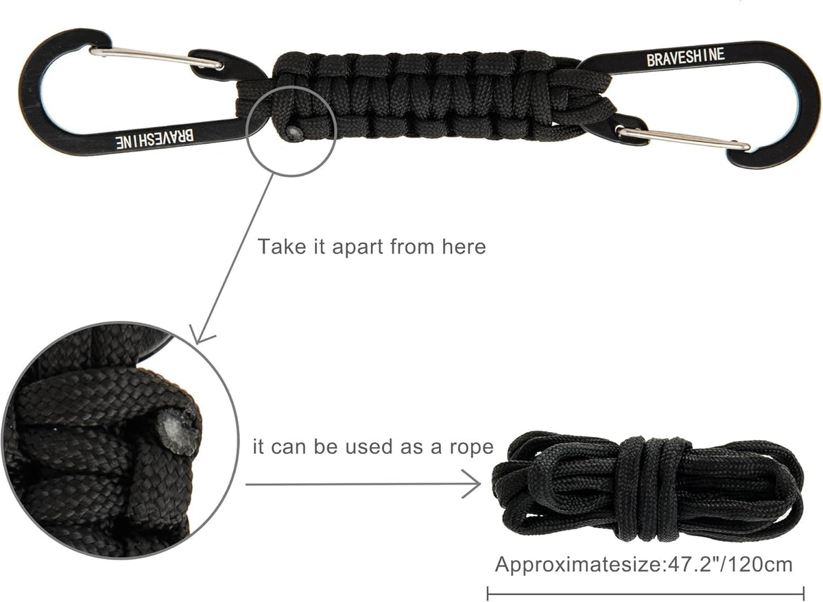 BRAVESHINE Paracord Keychain Carabiner Clip, D Ring Lanyard Hanger Stroller Hook for Water Bottle, Key, Backpacks, Men, Women