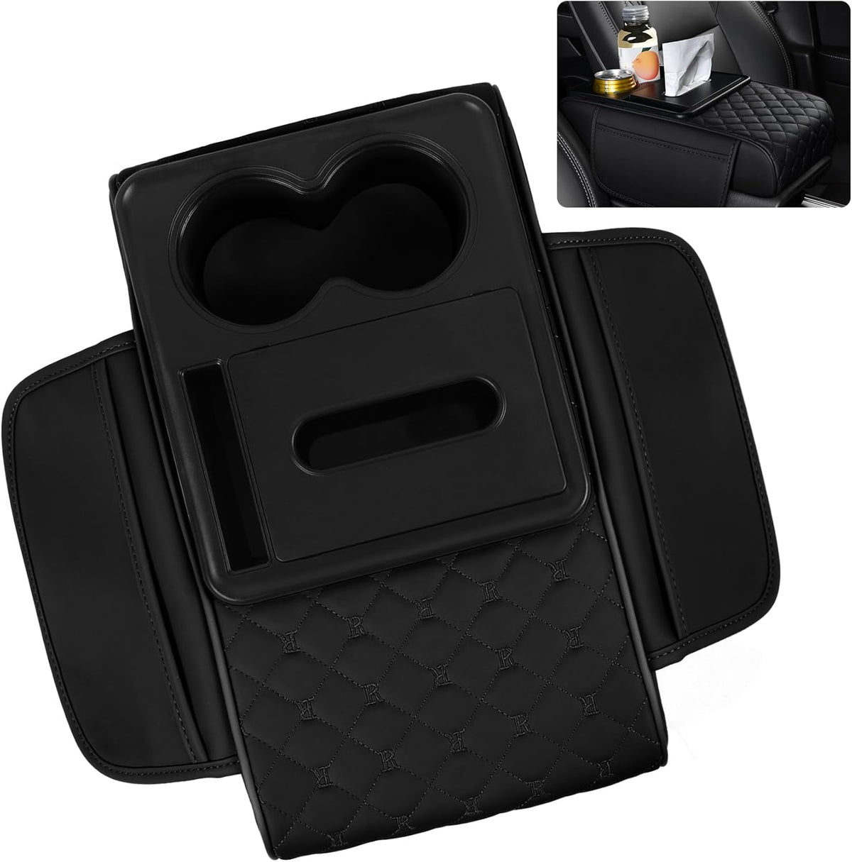 5 in 1 Car Armrest Storage Box for Center Console, Armrest Cushion Cover for Car with 2 Cup Holders Storage Bags, Tissue Box, Phone Slot, Premium Memory Foam with Nappa Leather, 14.2*7.9*2.8in (Black)