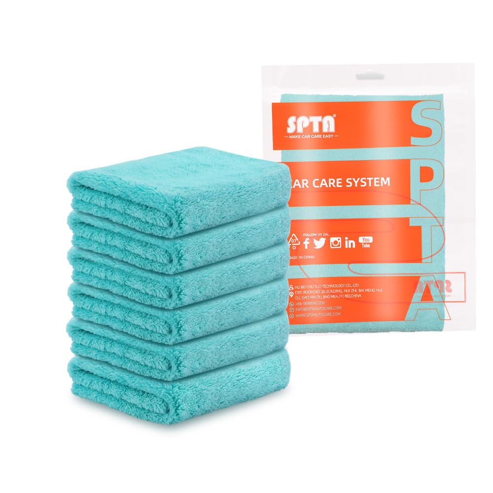 SPTA Microfiber Drying Towel Car Wash Drying Towel, 6 Pack Super Plush Edgeless Car Wash Towels for Auto Detailing, 16.1x17.7 in, 420GSM, Teal Blue-MT039