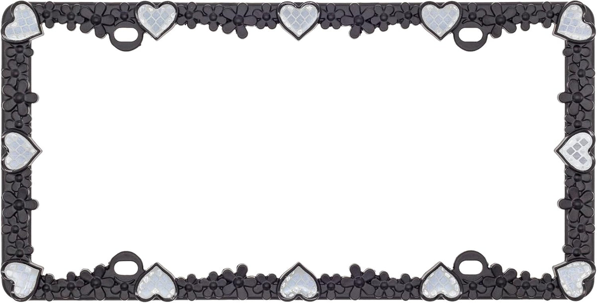 Creathome 3D Daisy Heart License Plate Frame from Pure Zinc Alloy Metal Perfect Plate Holder, Matt Black Daisy with Silver Reflective Heart