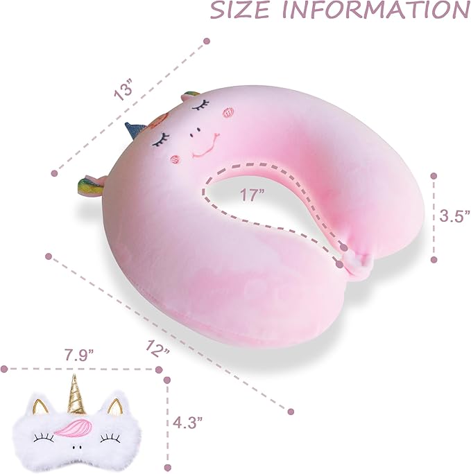Sexysamba Cartoon Headrest & Neck Pillow for Kids Boys & Girls, Teens, Travel Accessories for Airplane, Car, Recline, Memory Foam Cute Travel Pillow with Sleep Eye Mask - Pink Unicorn