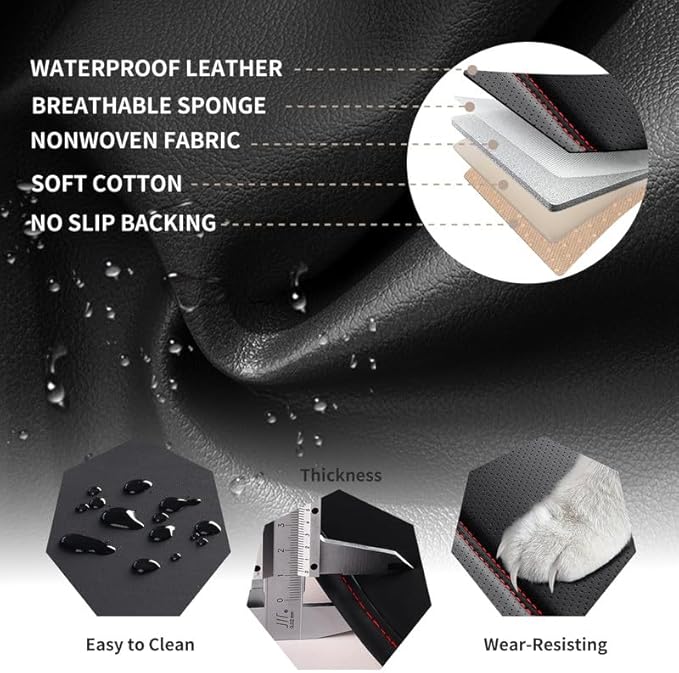 Car Seat Covers Full Set Custom Fit for Ford Fiesta 2011-2019-Luxury Leather with Lumbar Support, Breathable, Waterproof, Anti-Slip, Durable, Easy to Install (Black&Red,Full Set)