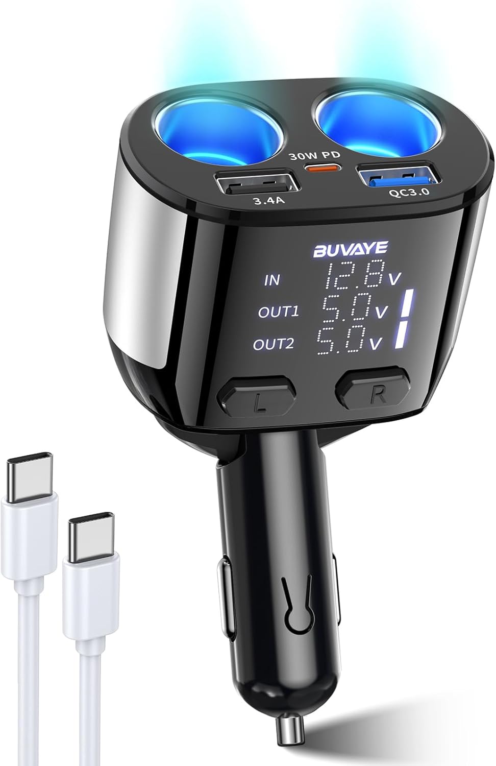 5 in 1 USB C Car Charger Adapter with 30W Type-C Cable, BUVAYE Fast Charge Cigarette Lighter Splitter 2-Socket, Dual Car Cigarette Lighter Adapter, 12V/24V Splitter for Car GPS Dash Cam Phone (CL48TC)