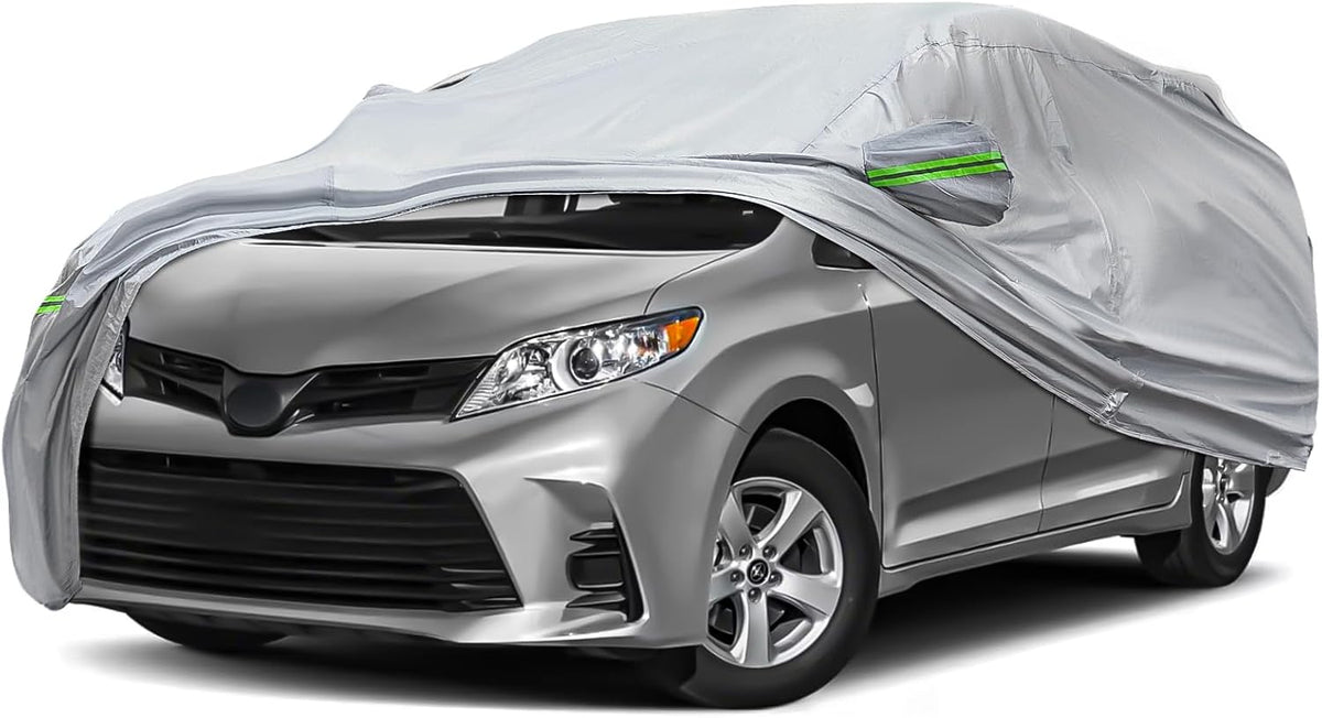 KEYOOG 6-Layer Full Car Cover is All-Weather Waterproof, Universal in All Seasons, Snow Prevention Rainproof, Acid Rainproof, Sunscreen, Ultraviolet-Proof, Fit MPV 199"-210" Green Reflective Strip