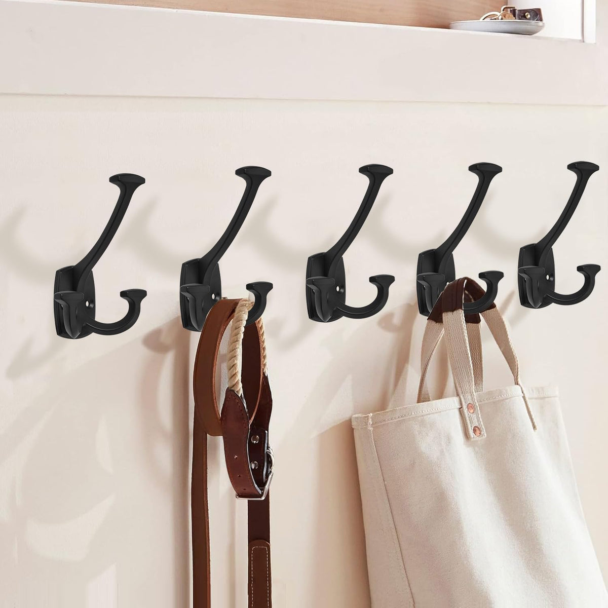 Large Wall Double-Sided Hook 5 Pack Matte Black Hook Decorative Heavy Duty Solid Large Coat Hooks for Towel Hanging Coats Robe Towel Bags Door Back 2 Prong Hooks