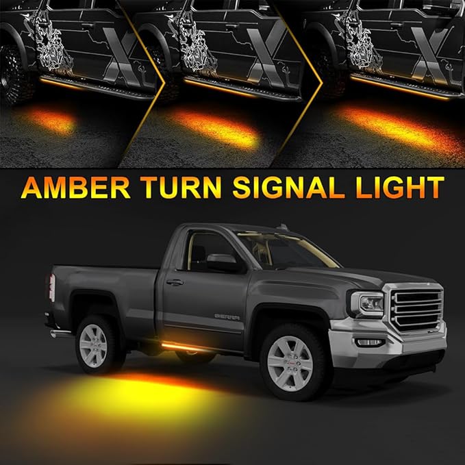 Truck LED Running Board Lights Amber Side Marker Kit, White Courtesy Lights Extended Crew Cab 2pc 48Inch 144 Led Bar Bed Light Switchback Underglow Strip for Pickup Trucks SUV Car Work (48Inch Board)