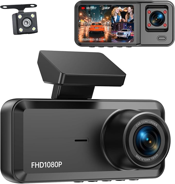 3 Channel Dash Cam Front and Rear, 1080P Dash Camera for Cars, Dashcam Three Way Triple Car Camera with IR Night Vision, Loop Recording, G-Sensor, HDR, 24 Hours Recording