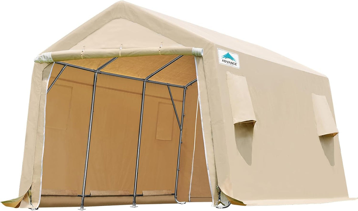 ADVANCE OUTDOOR 10x15 ft Shelter Storage Shed Steel Metal Peak Roof Portable Garage Carports for Motorcycle, Boat or Garden Tools with 2 Roll up Doors & Vents, Beige