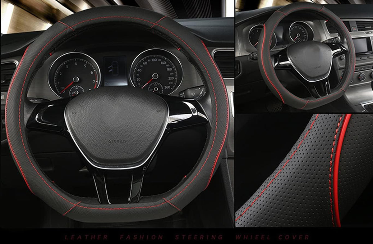 D Shape Car Steering Wheel Cover, Universal 15 inch Stitching Color Anti-Slip Steering Wheel Protector, Red and Black Style (Compact Packaging D Shape)