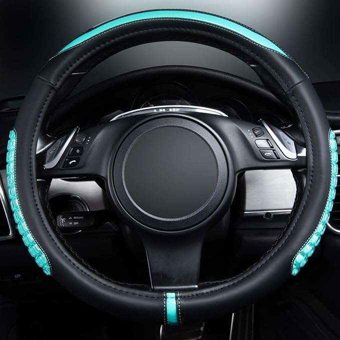 Flying Banner car Steering Wheel Cover Gel Massage Velvet Cool Warm Universal Size 15 inches SUV Truck Anti Slip Odorless Summer Winter (Black Mint Blue, Gel Massage)