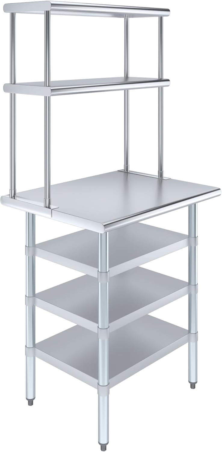Amgood 24" x 30" Stainless Steel Work Table with 3 Shelves and 12" Wide Double Tier Overshelf | Metal Kitchen Prep Table & Shelving Combo | NSF