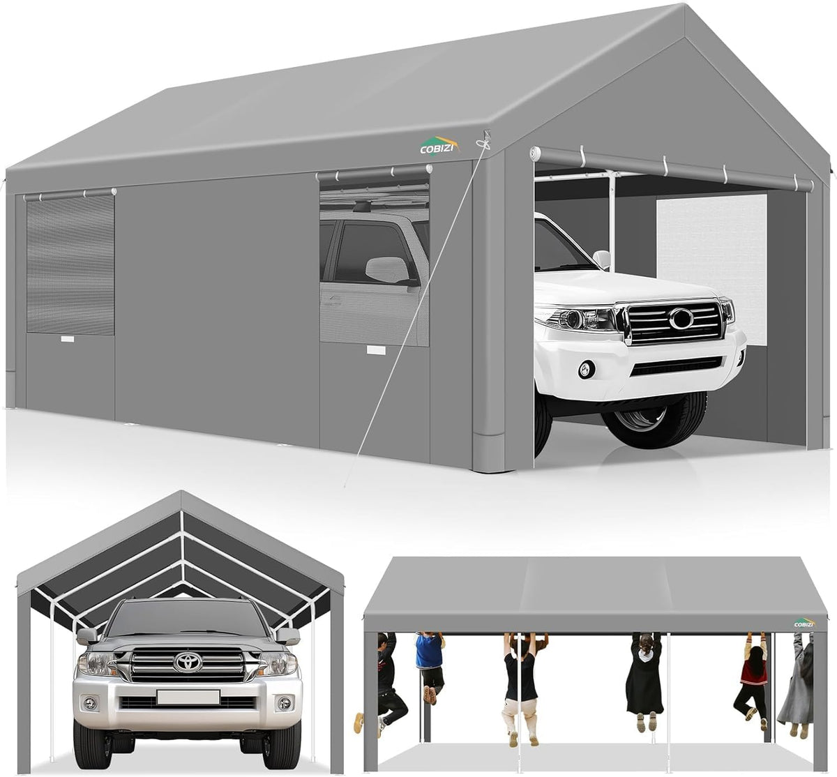 COBIZI Carport 10x20ft Heavy Duty Portable Garage, 2.0 Powder Coated Frame(Better Than Galvanized), Waterproof Shelter with Removable Sidewalls & Windows, Built-in Sandbags, for Car/Boat/SUV, Gray