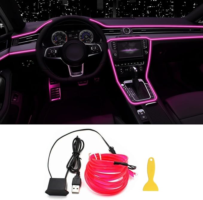 EL Wire Interior Car LED Strip Lights, 16.5FT USB Neon Glowing Strobing Electroluminescent Wire Strip with 6mm Sewing Edge, Ambient Lighting Kits for Car Home Decorations (Pink)