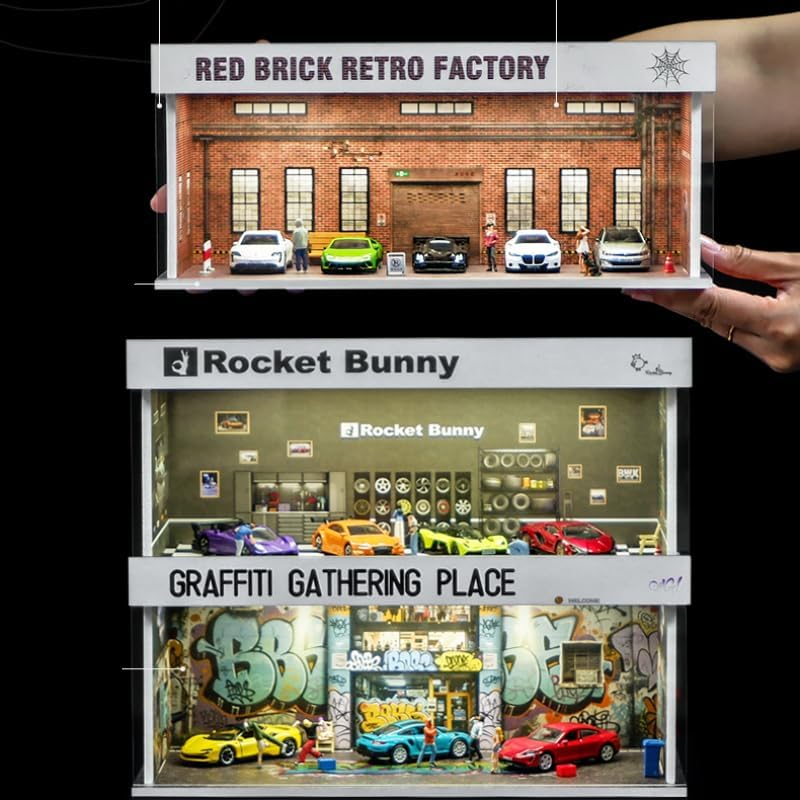 Display Case for Hot Wheels: Stackable Parking Garage for 1/64 Scale Matchbox Toy Car, FoamBoard Storage for Monster Trucks with LED Light and Acrylic Cover, 2025 Upgraded Graffiti Wall