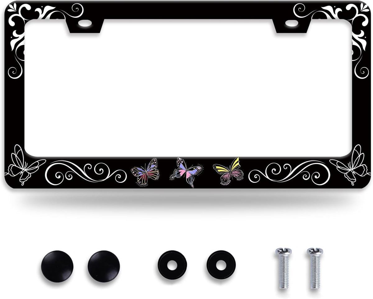 Butterfly License Plate Frame Butterflies Floral License Plate Frames for Car Decorative Parts Stainless Stee License Plate for Standard Us Canada Funny License Plate Holder 12x6 Inch