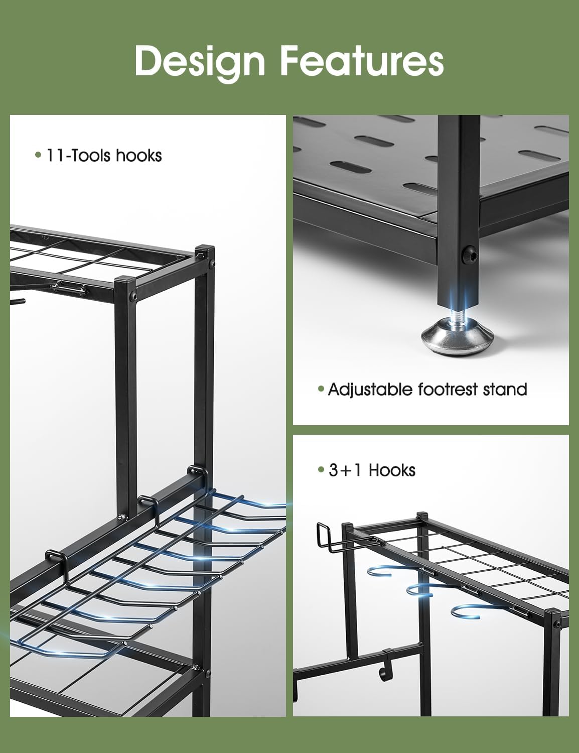 Garden Tool Organizer – Heavy-Duty Carbon Steel Storage Rack for Garage, Shed & Yard – Rust-Resistant, Holds 100+ lbs of Garden & Lawn Tools – Black